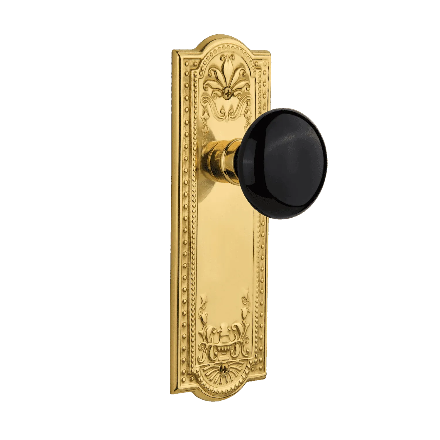 Meadows Long Plate with Black Porcelain Knob in Polished Brass