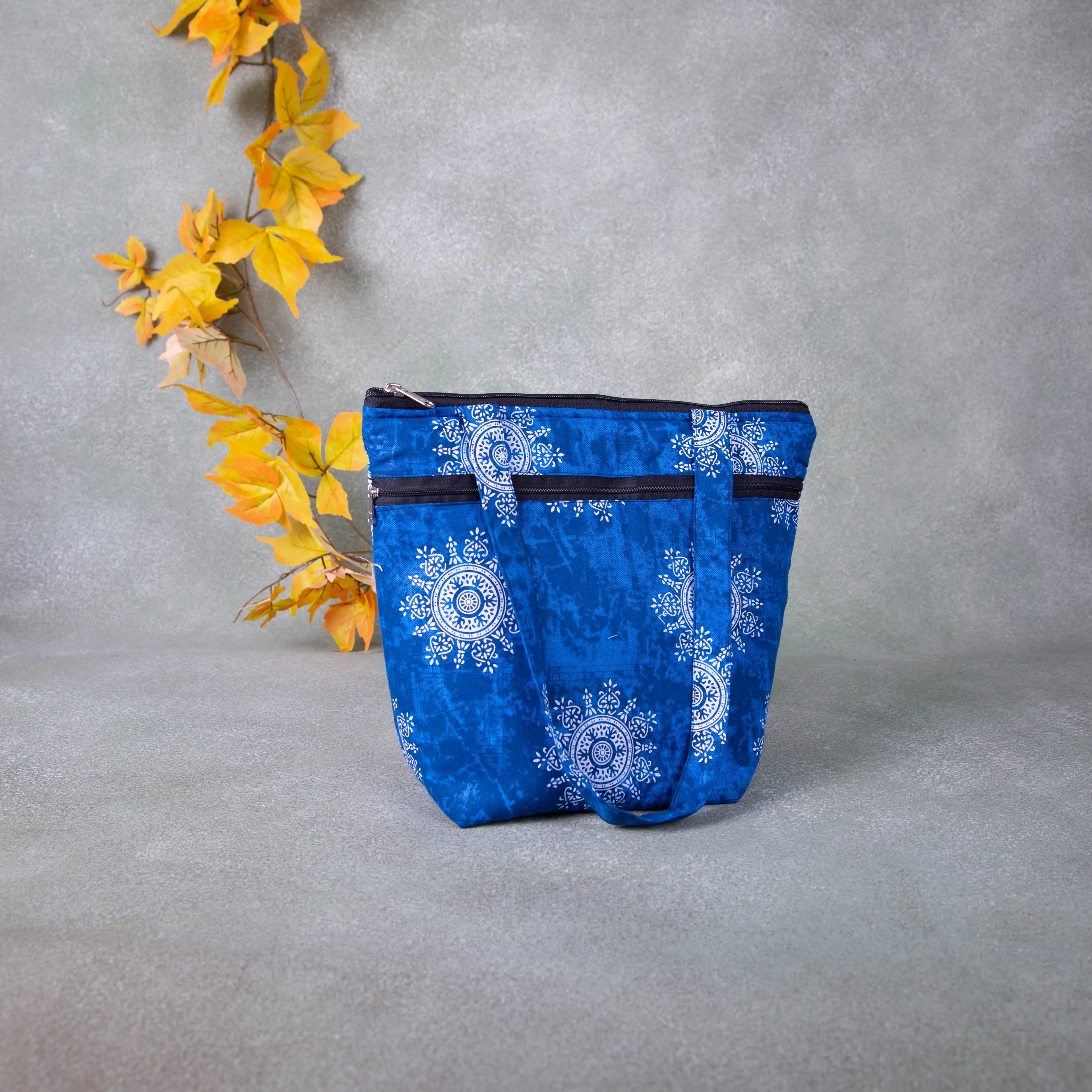 Medium Size Handbag Dark Blue Colour with Big White Flower Design
