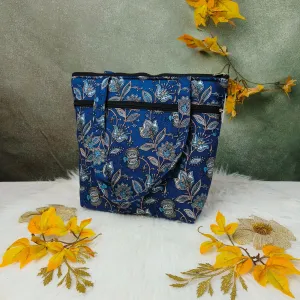 Medium Size Handbag Dark Blue with Allover Botanical Prints Design