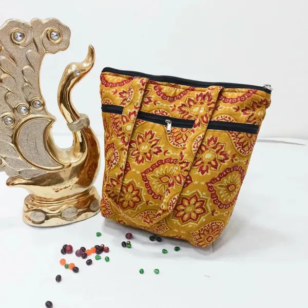 Medium Size Handbag Yellow with Red Flower Design.