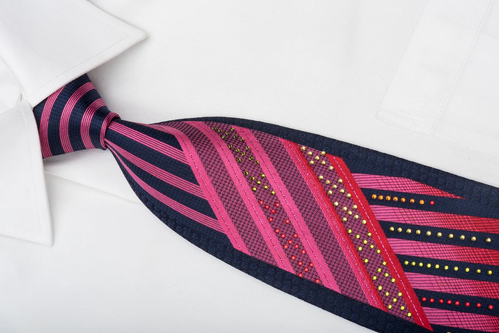 Mila Schon Rhinestone Silk Necktie Pink Red Striped On Navy With Red Sparkles