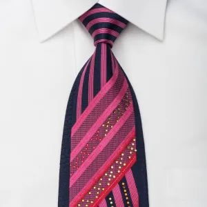 Mila Schon Rhinestone Silk Necktie Pink Red Striped On Navy With Red Sparkles