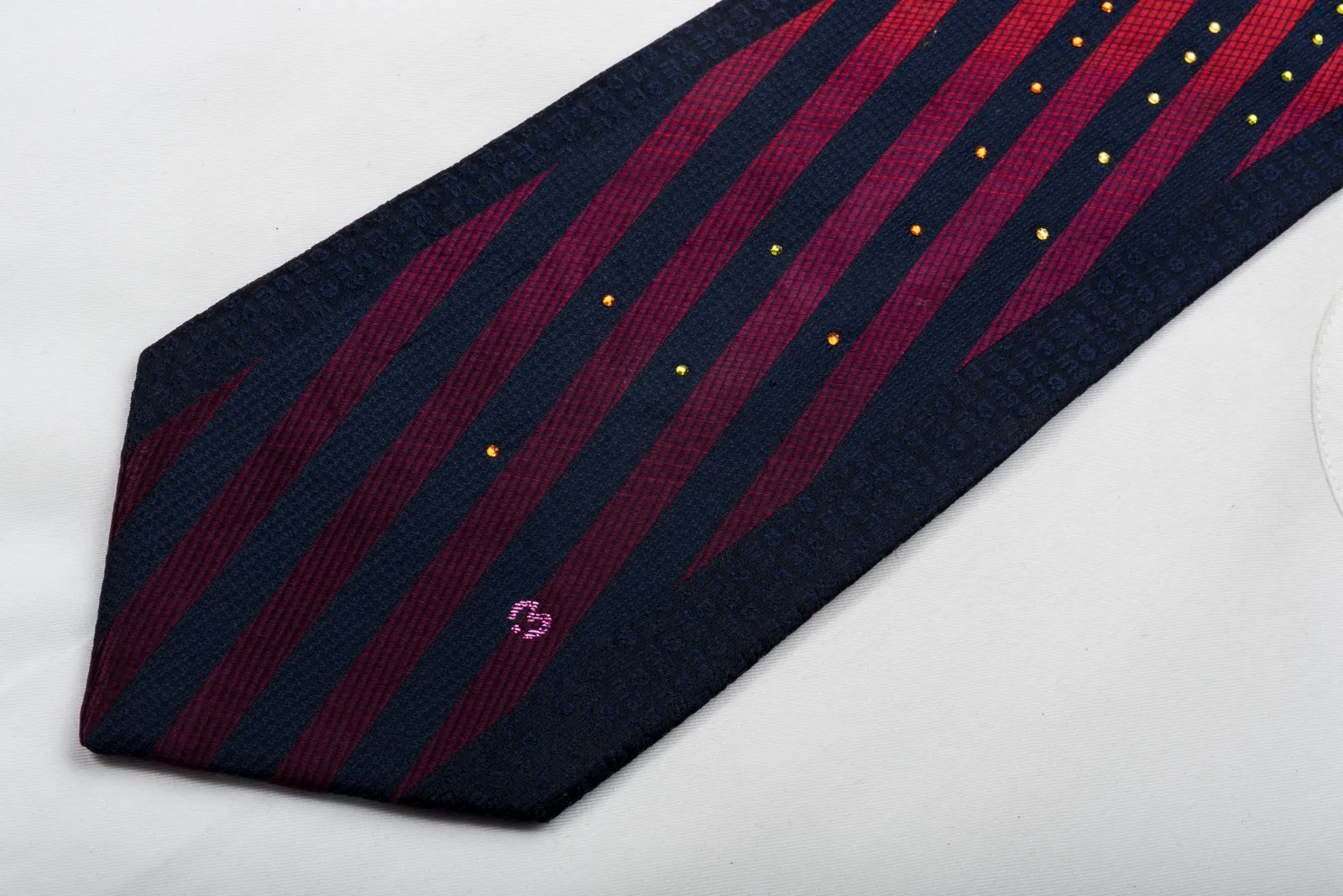 Mila Schon Rhinestone Silk Necktie Pink Red Striped On Navy With Red Sparkles