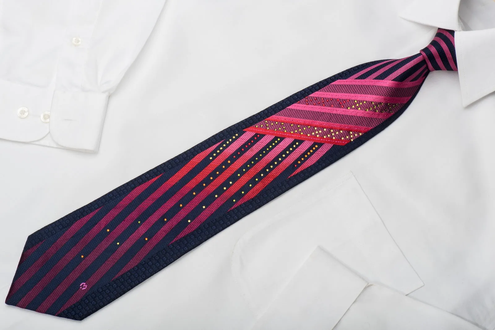 Mila Schon Rhinestone Silk Necktie Pink Red Striped On Navy With Red Sparkles