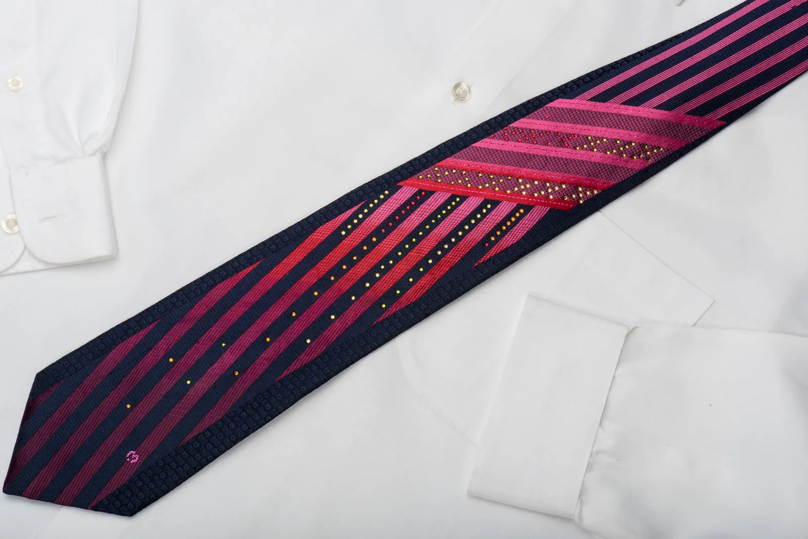 Mila Schon Rhinestone Silk Necktie Pink Red Striped On Navy With Red Sparkles