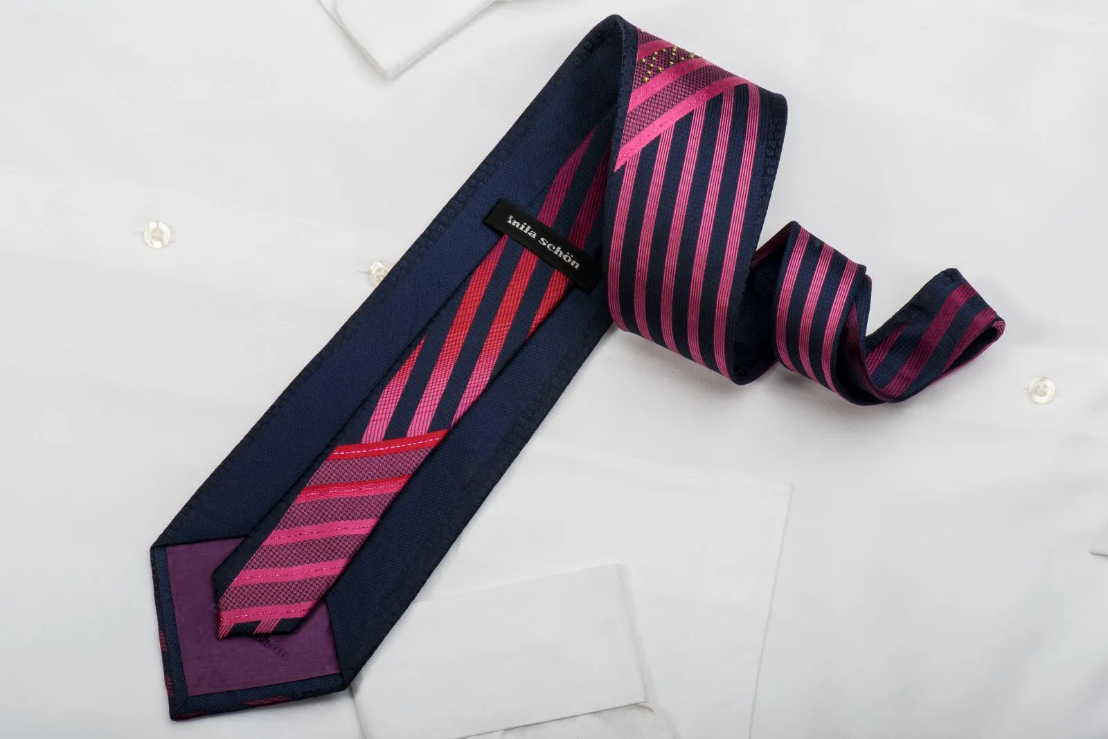 Mila Schon Rhinestone Silk Necktie Pink Red Striped On Navy With Red Sparkles