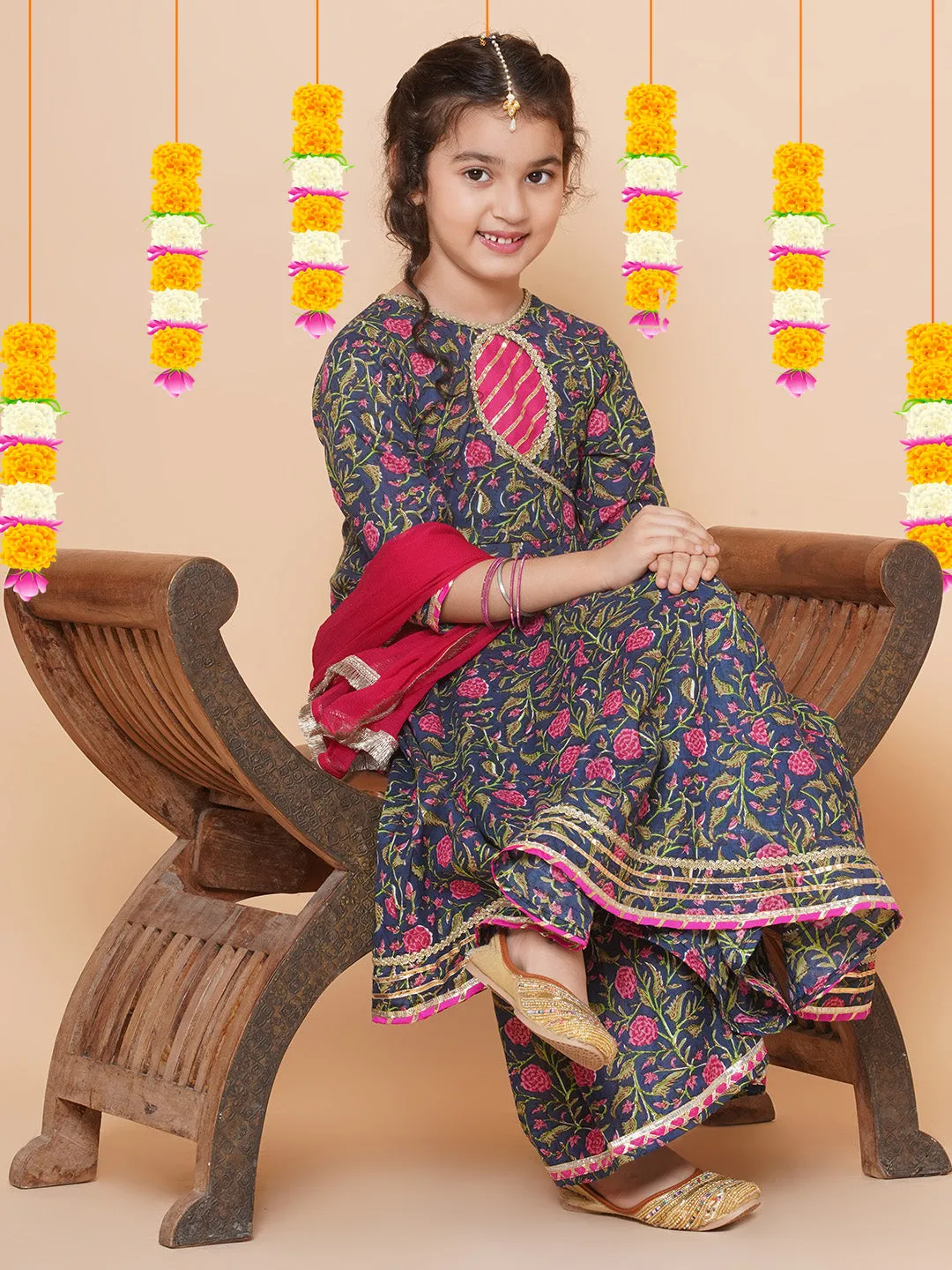 Navy Pink Cotton Printed Anarkali set For Women & Anarkali Sharara Kurta Set For Girl