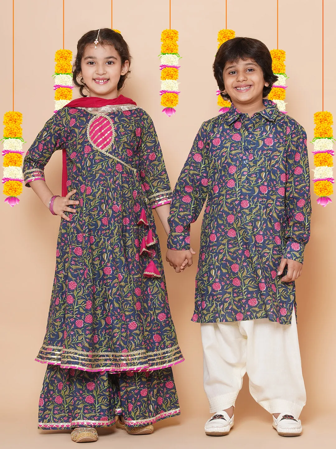 Navy Pink Cotton Printed Anarkali set For Women & Anarkali Sharara Kurta Set For Girl