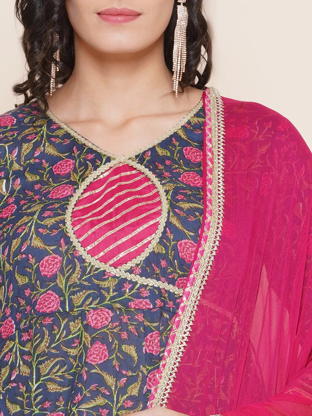Navy Pink Cotton Printed Anarkali set For Women & Anarkali Sharara Kurta Set For Girl