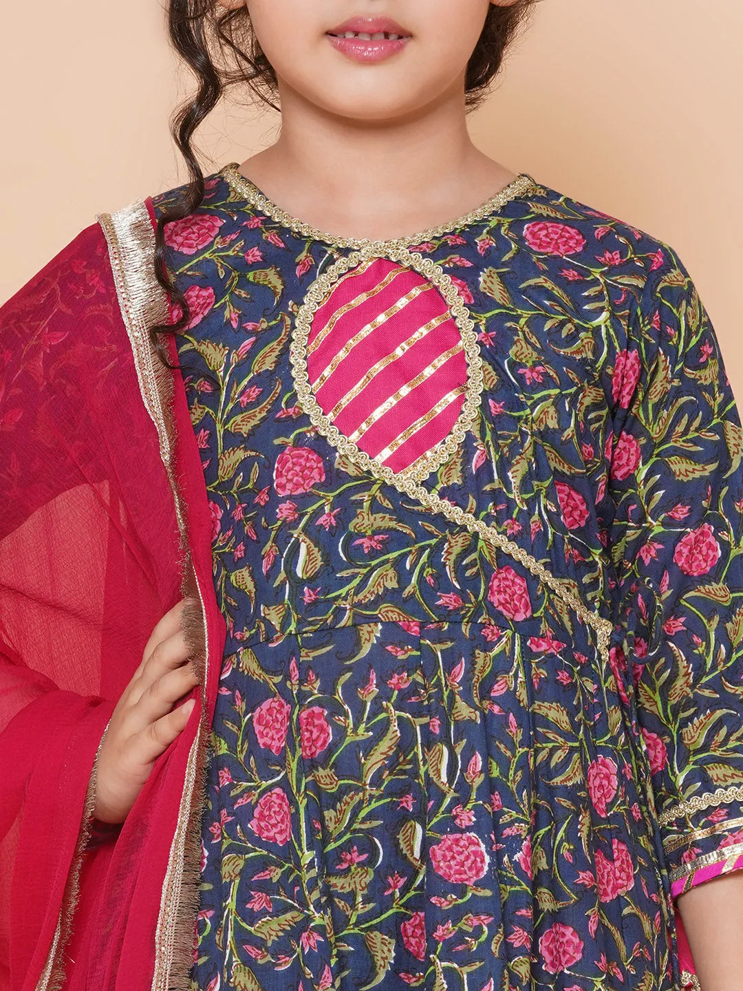 Navy Pink Cotton Printed Anarkali set For Women & Anarkali Sharara Kurta Set For Girl