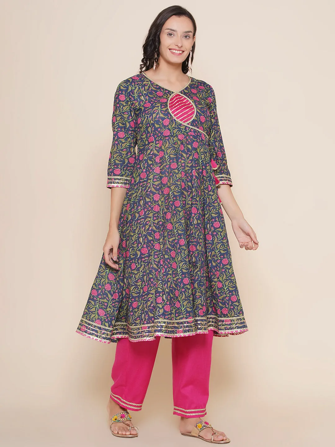 Navy Pink Cotton Printed Anarkali set For Women & Anarkali Sharara Kurta Set For Girl