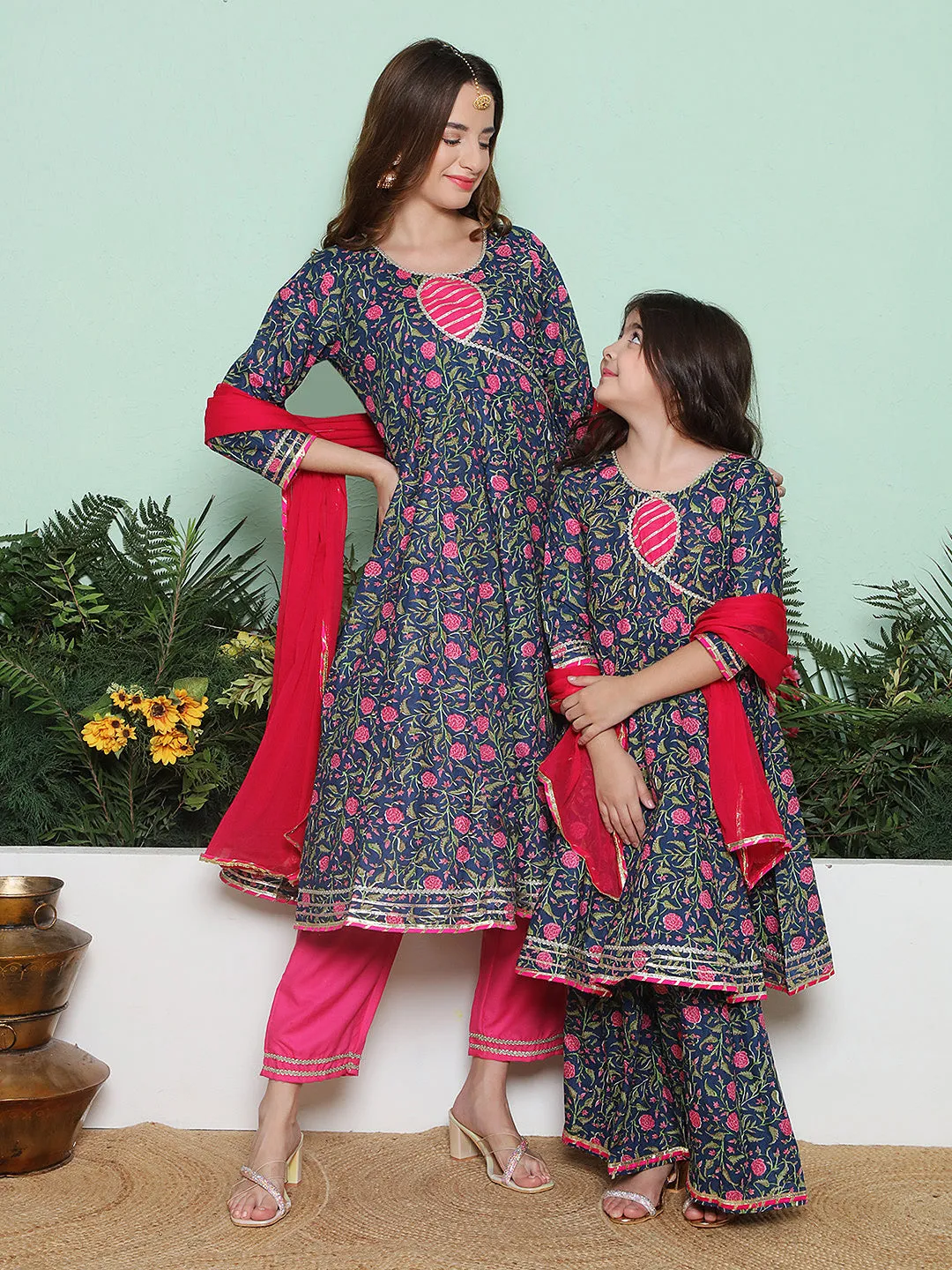Navy Pink Cotton Printed Anarkali set For Women & Anarkali Sharara Kurta Set For Girl