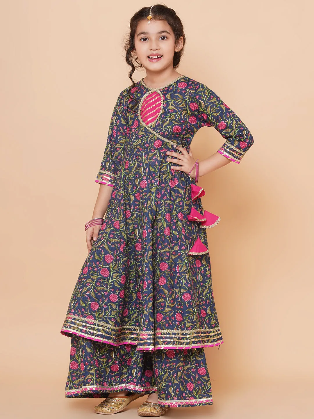 Navy Pink Cotton Printed Anarkali set For Women & Anarkali Sharara Kurta Set For Girl