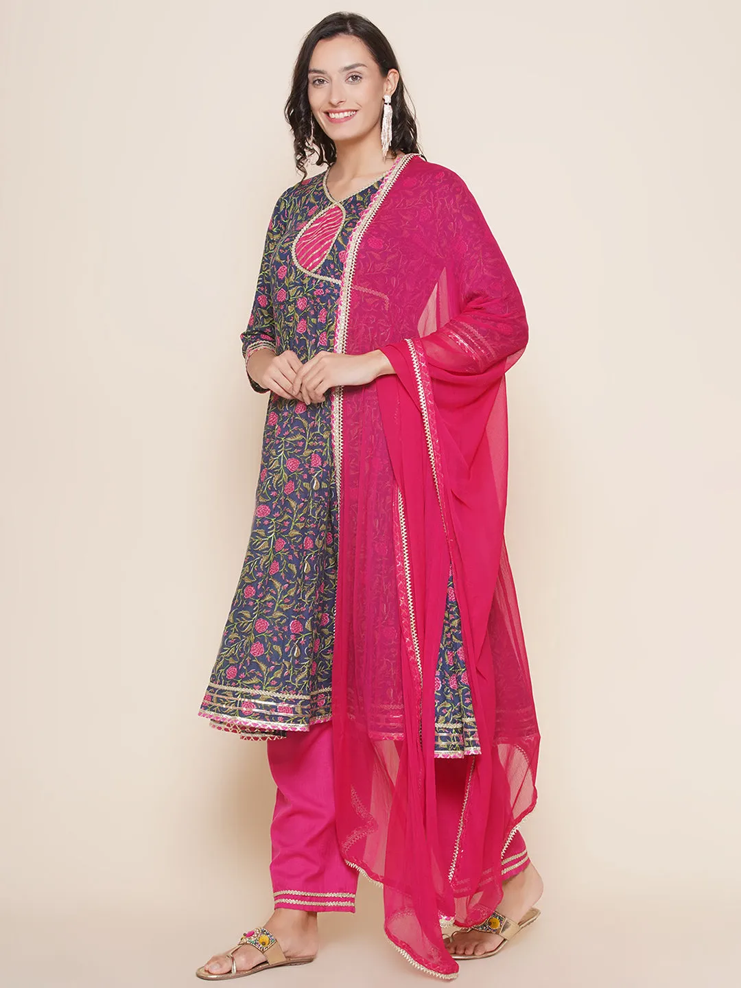 Navy Pink Cotton Printed Anarkali set For Women & Anarkali Sharara Kurta Set For Girl