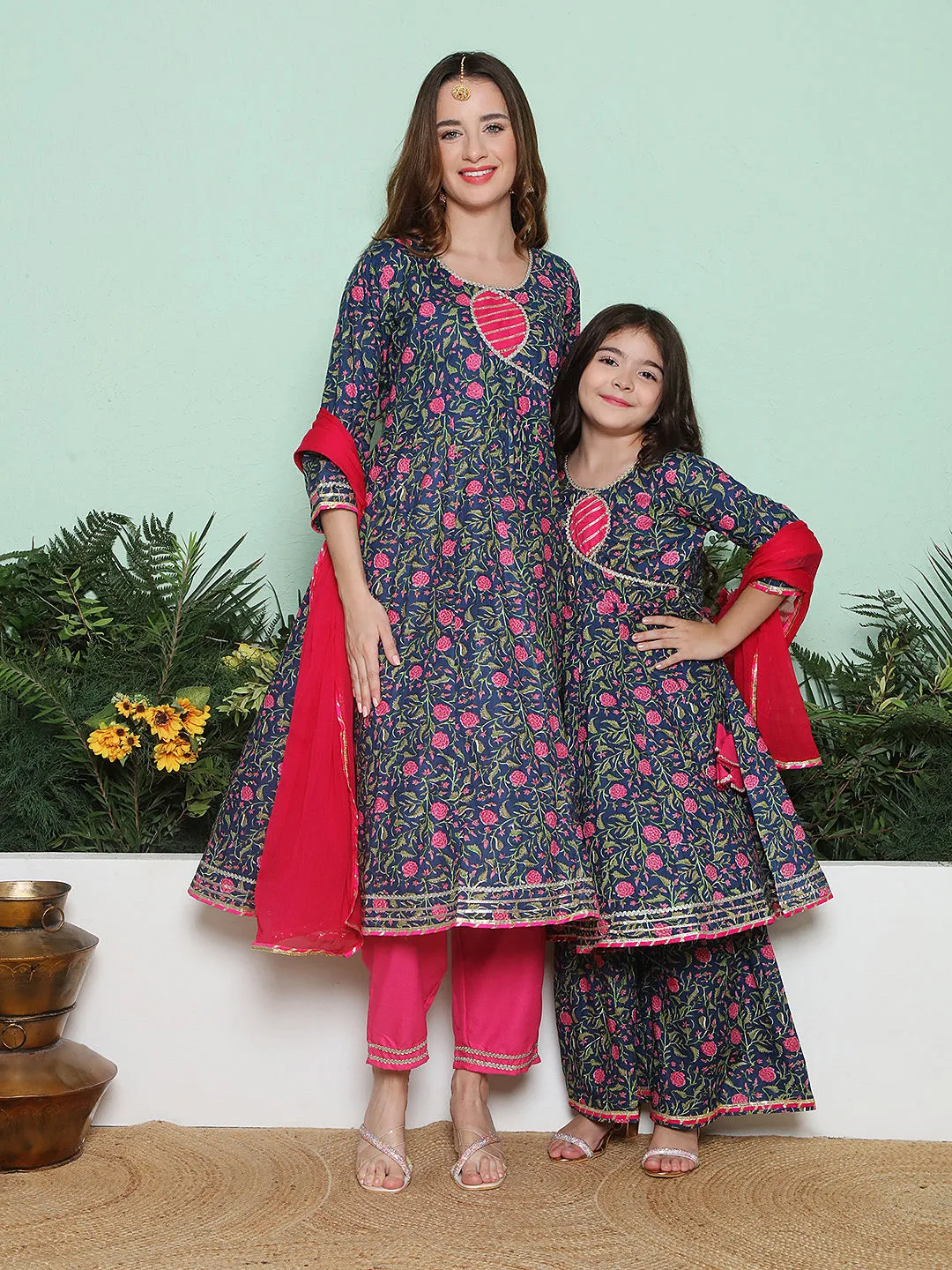 Navy Pink Cotton Printed Anarkali set For Women & Anarkali Sharara Kurta Set For Girl