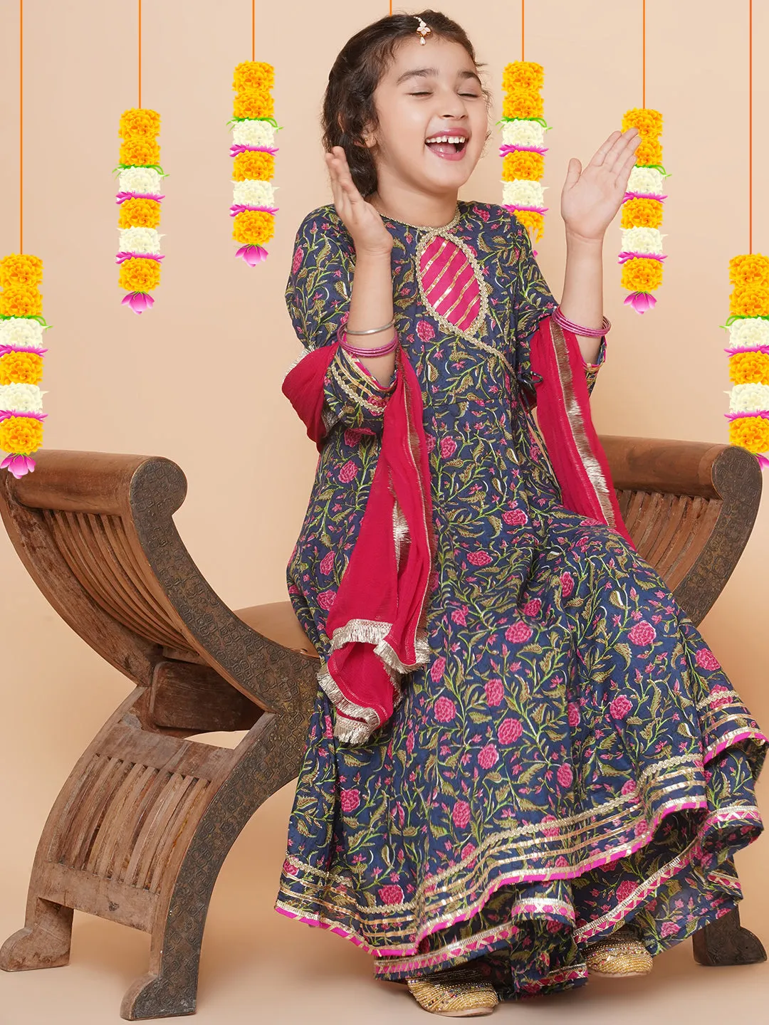 Navy Pink Cotton Printed Anarkali set For Women & Anarkali Sharara Kurta Set For Girl