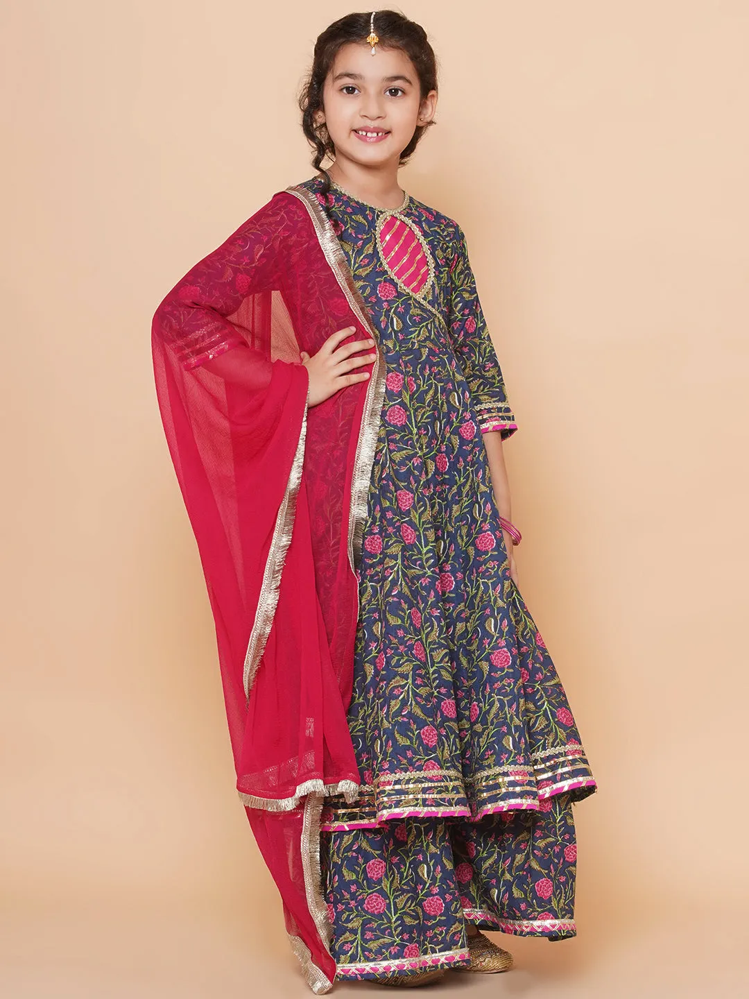 Navy Pink Cotton Printed Anarkali set For Women & Anarkali Sharara Kurta Set For Girl