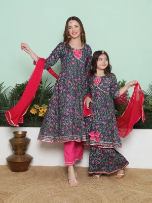 Navy Pink Cotton Printed Anarkali set For Women & Anarkali Sharara Kurta Set For Girl