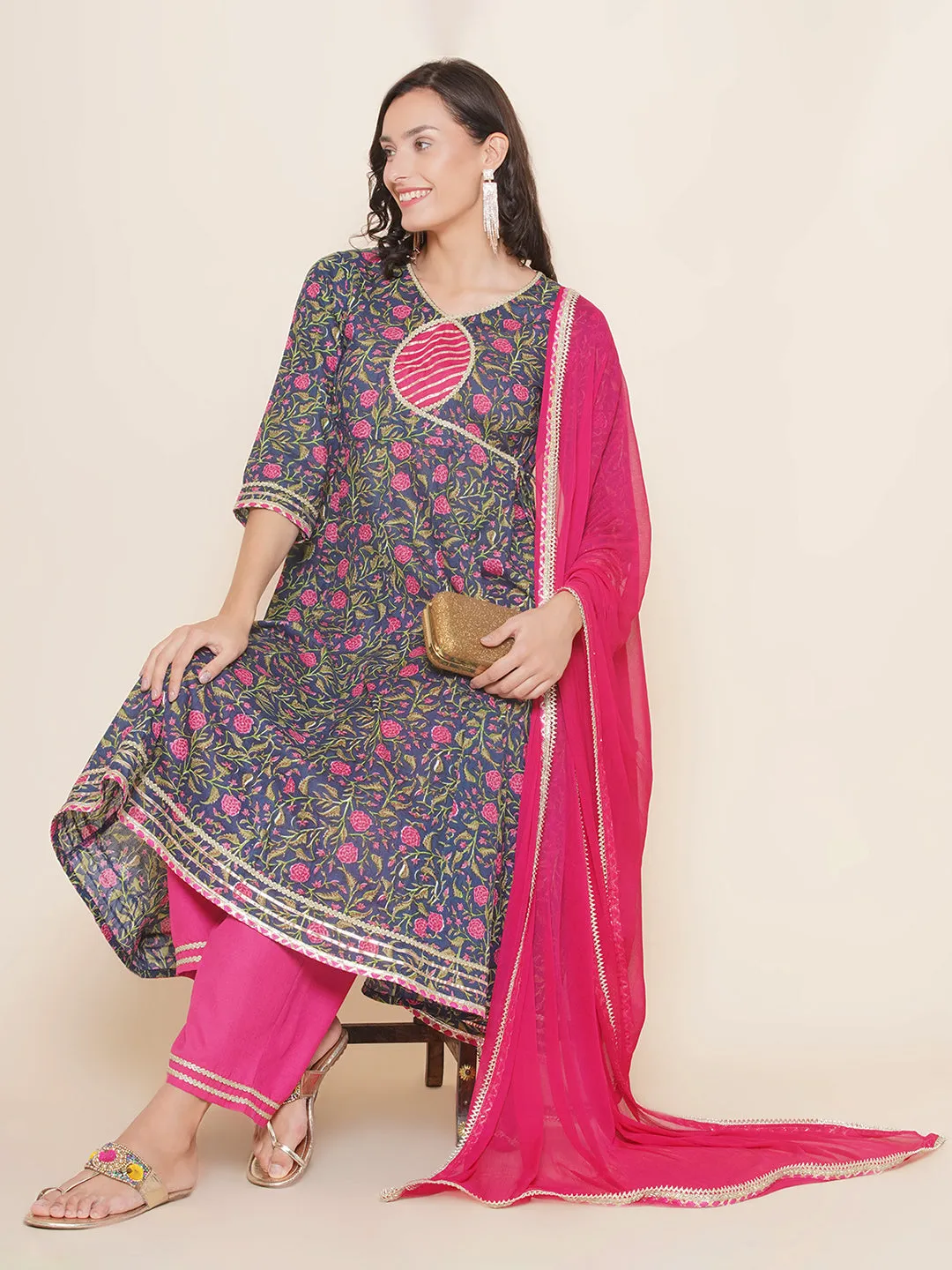 Navy Pink Cotton Printed Anarkali set For Women & Anarkali Sharara Kurta Set For Girl