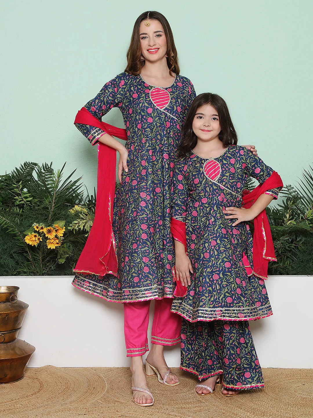 Navy Pink Cotton Printed Anarkali set For Women & Anarkali Sharara Kurta Set For Girl