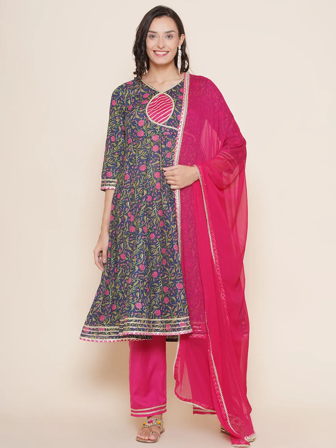 Navy Pink Cotton Printed Anarkali set For Women & Anarkali Sharara Kurta Set For Girl