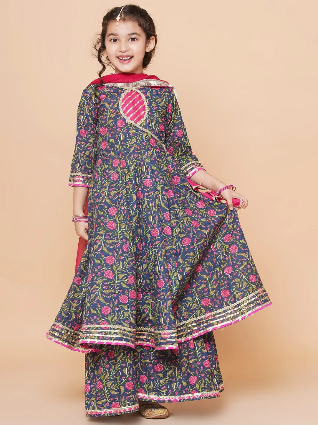 Navy Pink Cotton Printed Anarkali set For Women & Anarkali Sharara Kurta Set For Girl