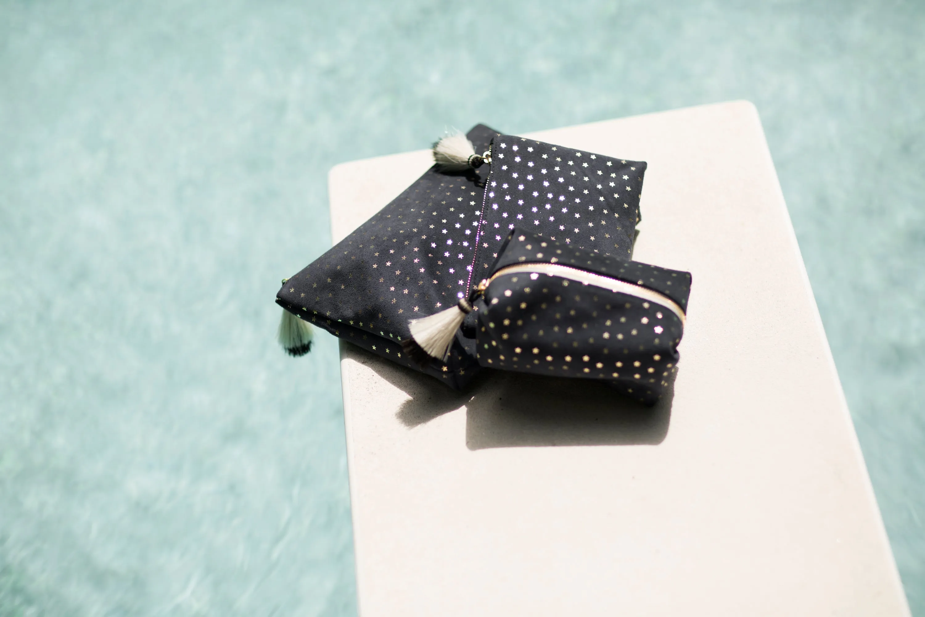 Navy Suede Gold Foil Stars Medium Pouch