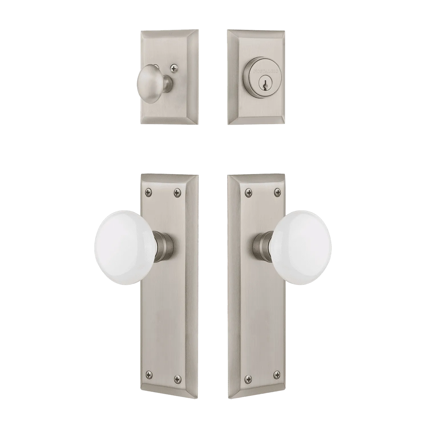 New York Entry Set with White Porcelain Knob in Satin Nickel