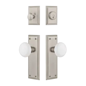 New York Entry Set with White Porcelain Knob in Satin Nickel