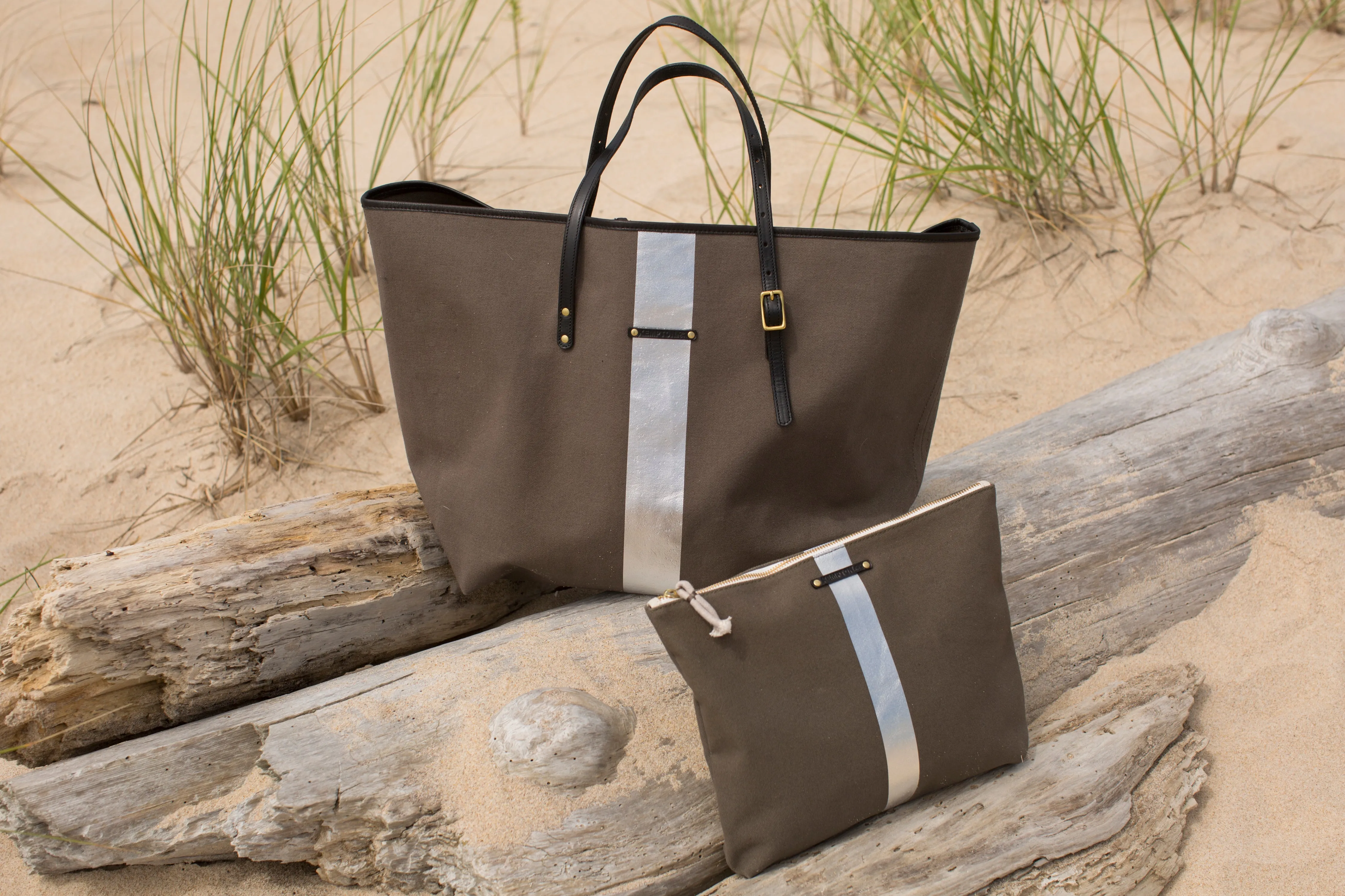 Olive/silver Stripe Canvas Beach Pouch