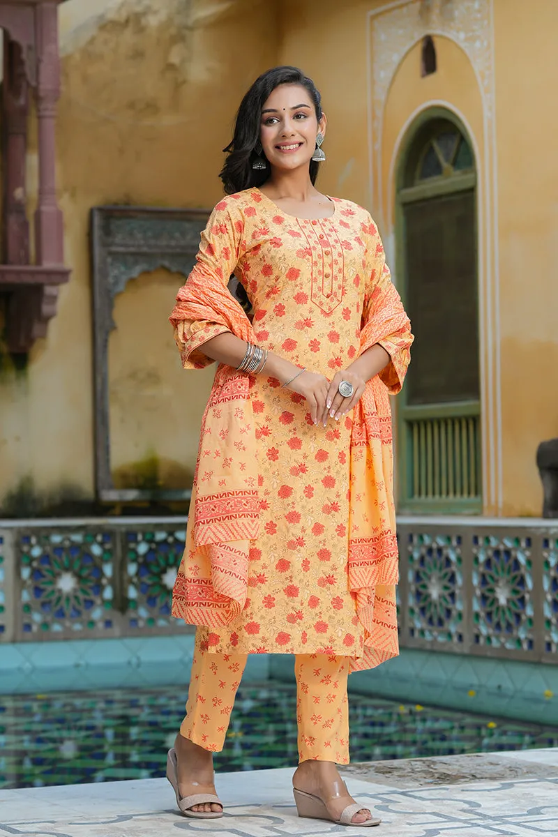 Orange Pure Cotton Straight Kurta Pant With Dupatta