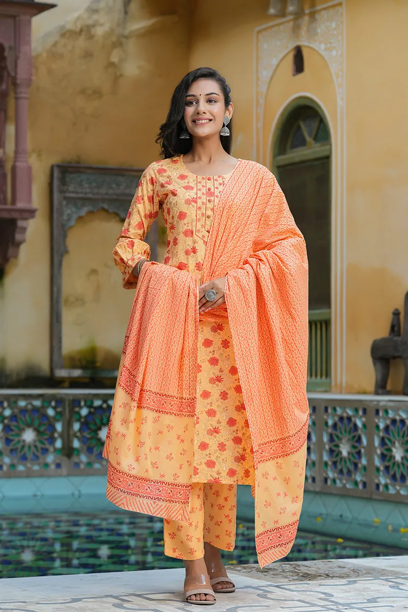 Orange Pure Cotton Straight Kurta Pant With Dupatta
