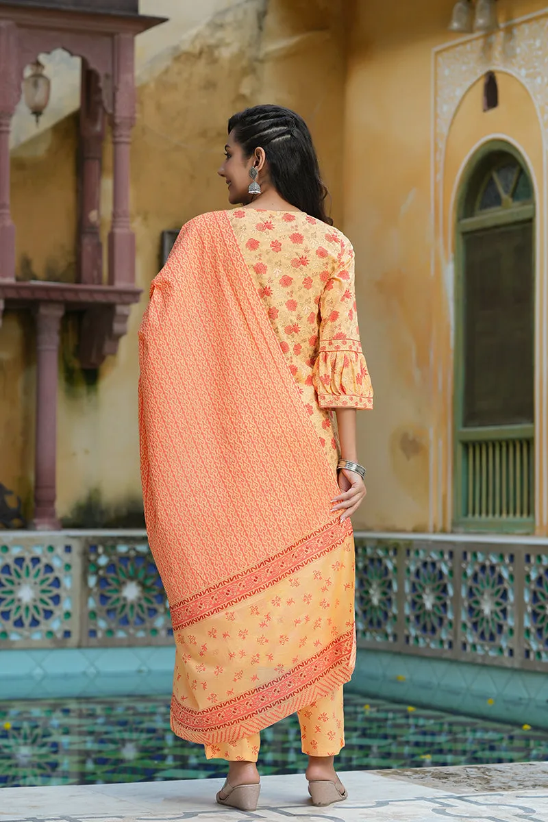 Orange Pure Cotton Straight Kurta Pant With Dupatta