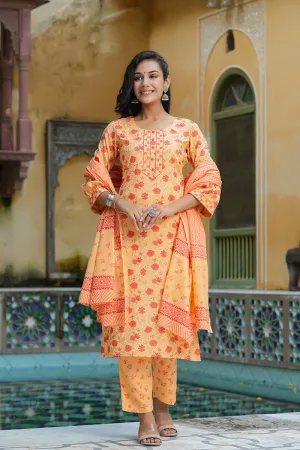 Orange Pure Cotton Straight Kurta Pant With Dupatta