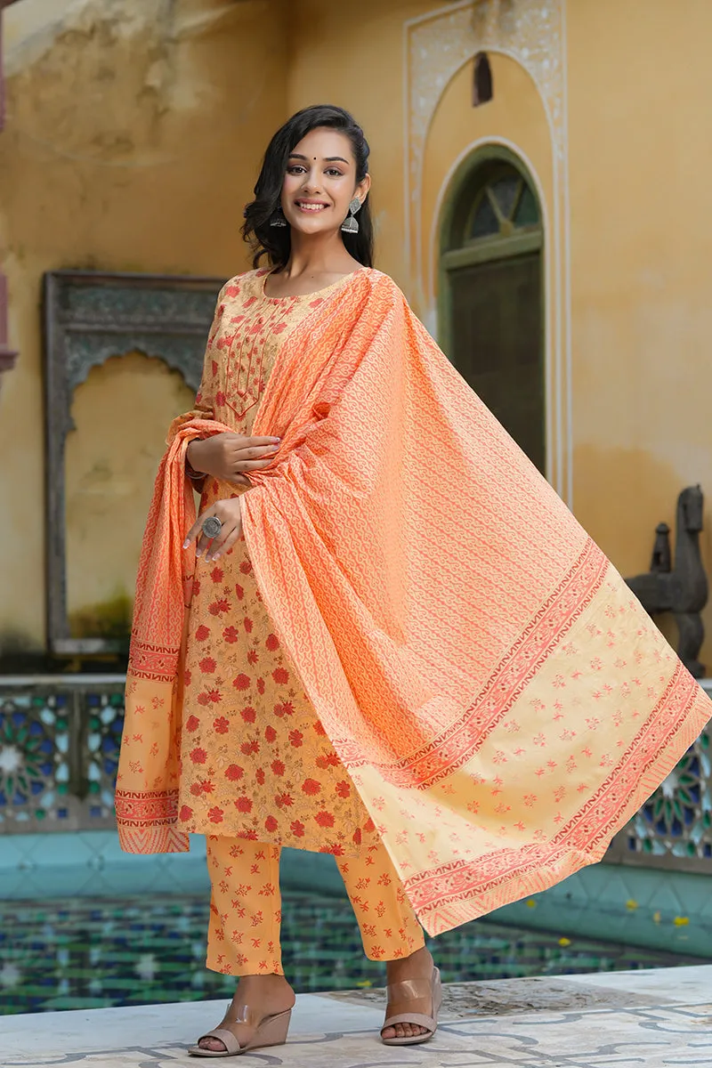Orange Pure Cotton Straight Kurta Pant With Dupatta