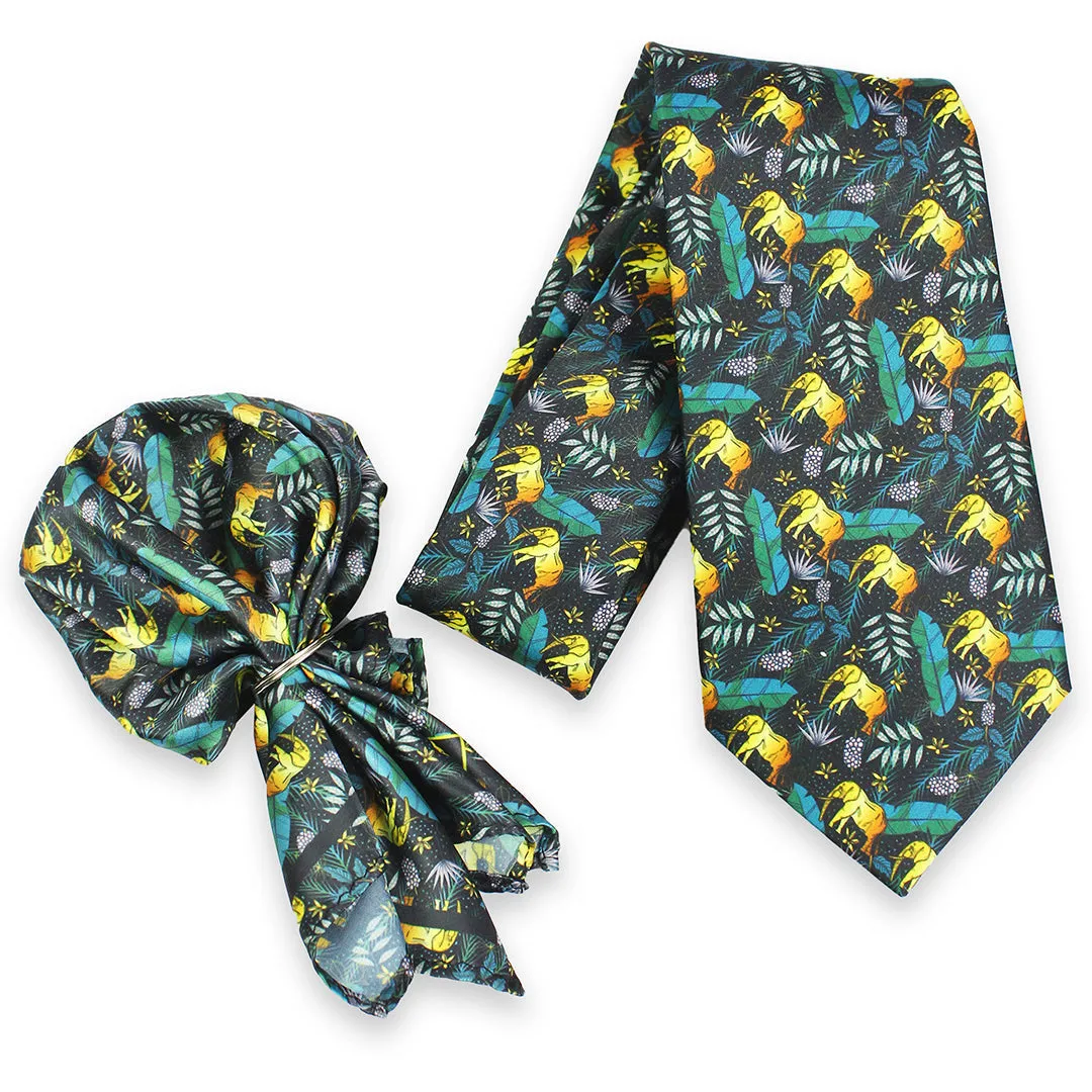 Peluche Jungle Jumbo Black Broad Neck Tie & Pocket Square Set for Men