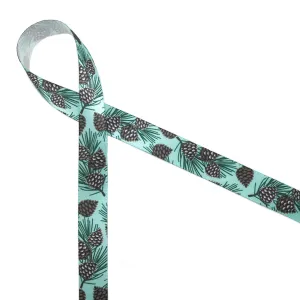 Pine cones ribbon with branches and needles on a light green background printed on 5/8" white single face satin