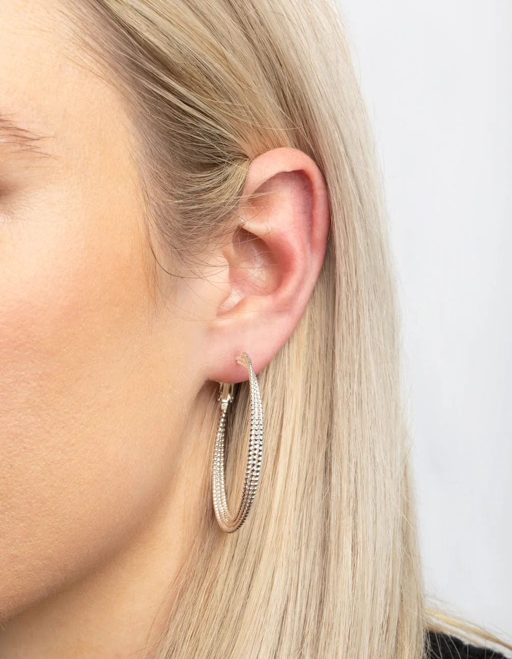 Rhodium Textured Criss Cross Hoop Earrings