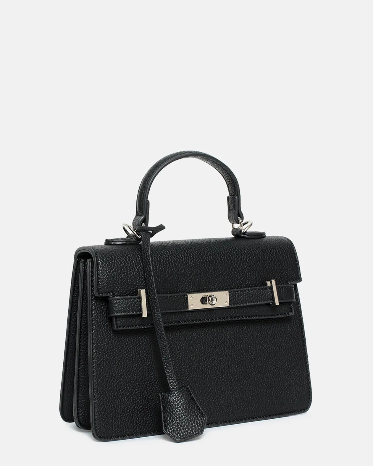 RIDDY -borsa a mano nera con rifiniture argento chisura clip e tracolla aggiuntiva