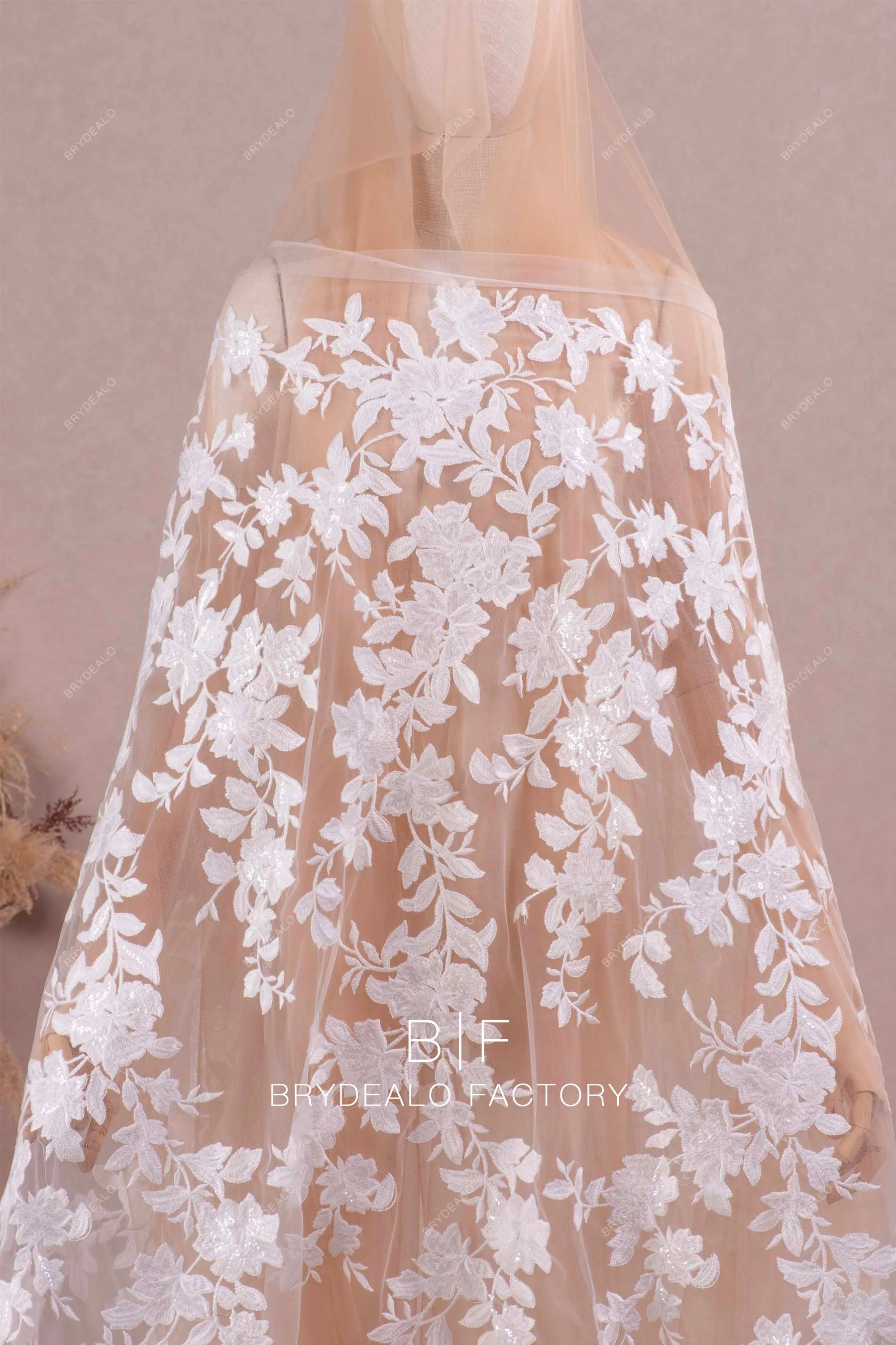 Romantic Shimmery Flower Motif Embroidered Lace Online