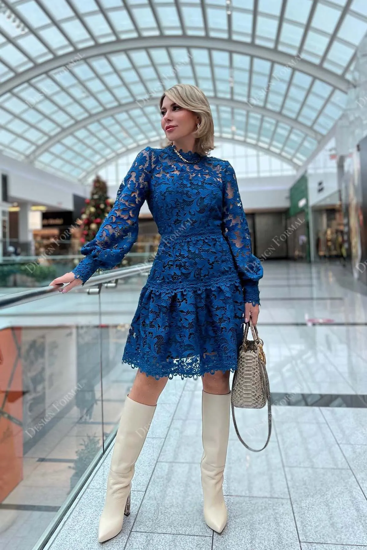 Royal Blue Lace Illusion Bell Sleeves Knee Length Crafted Prom Dress