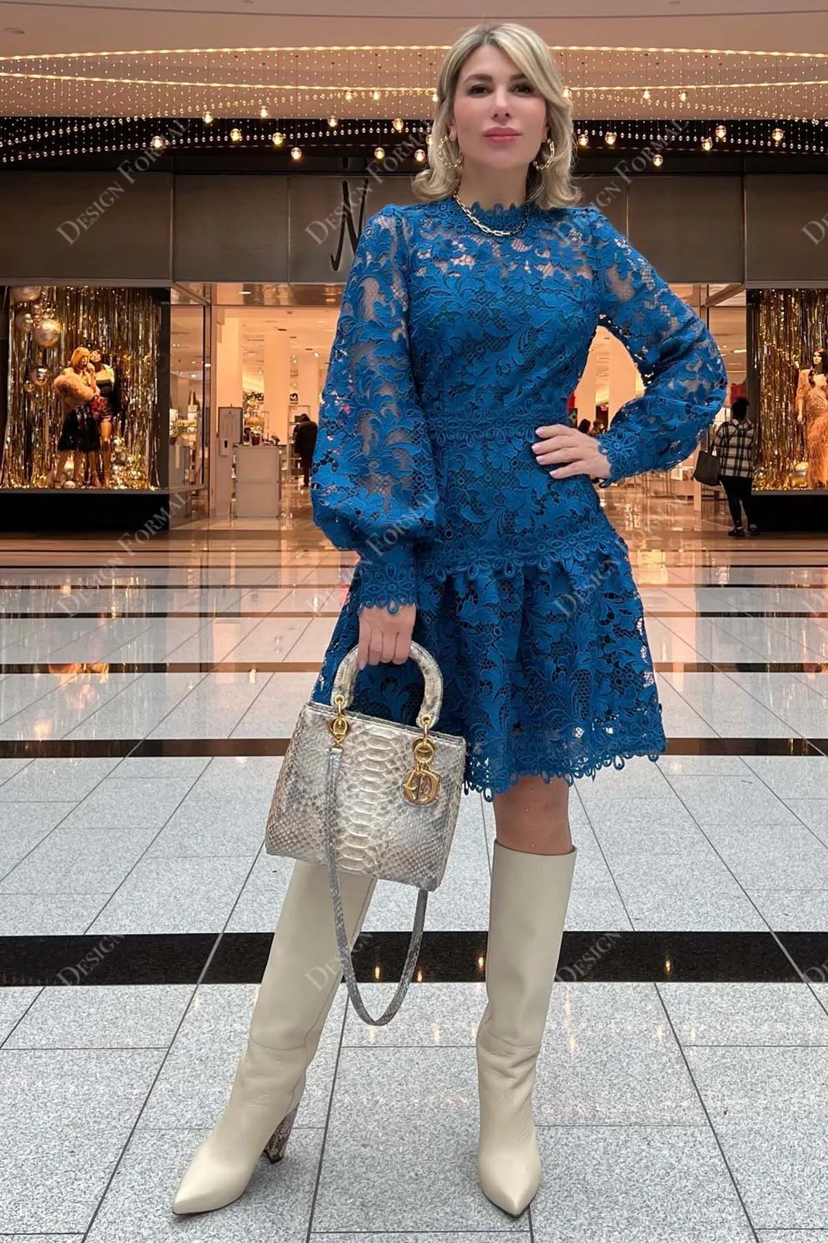 Royal Blue Lace Illusion Bell Sleeves Knee Length Crafted Prom Dress