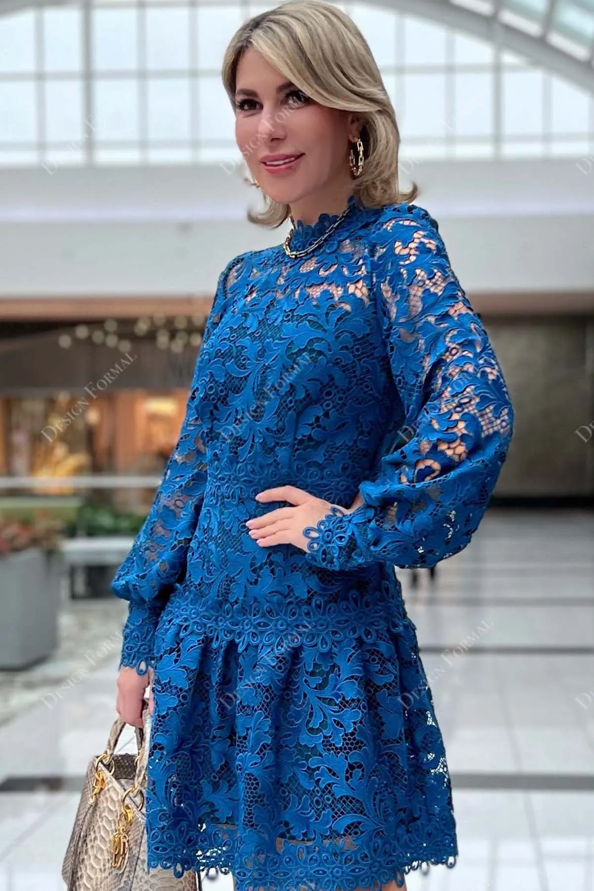 Royal Blue Lace Illusion Bell Sleeves Knee Length Crafted Prom Dress
