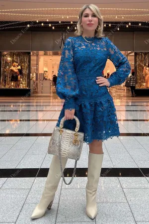 Royal Blue Lace Illusion Bell Sleeves Knee Length Crafted Prom Dress