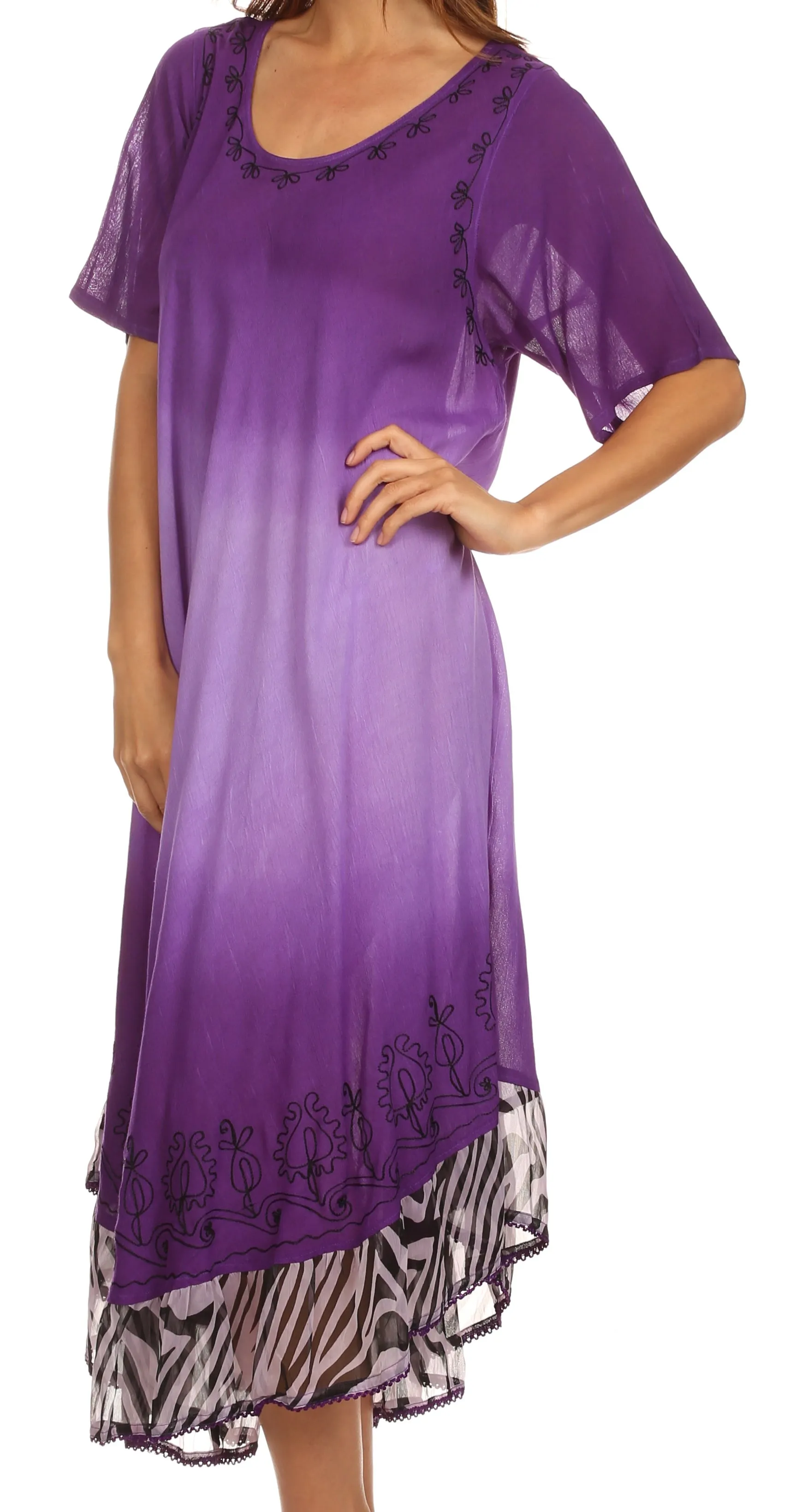 Sakkas Kya Zebra Print Embroidered Cap Sleeve Scoop Neck Ombre Dress / Cover Up
