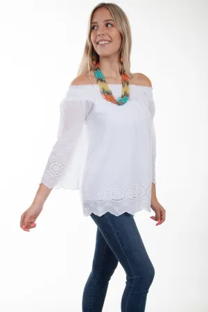 Scully Womens Off Shoulder Eyelet White 100% Cotton S/S Blouse
