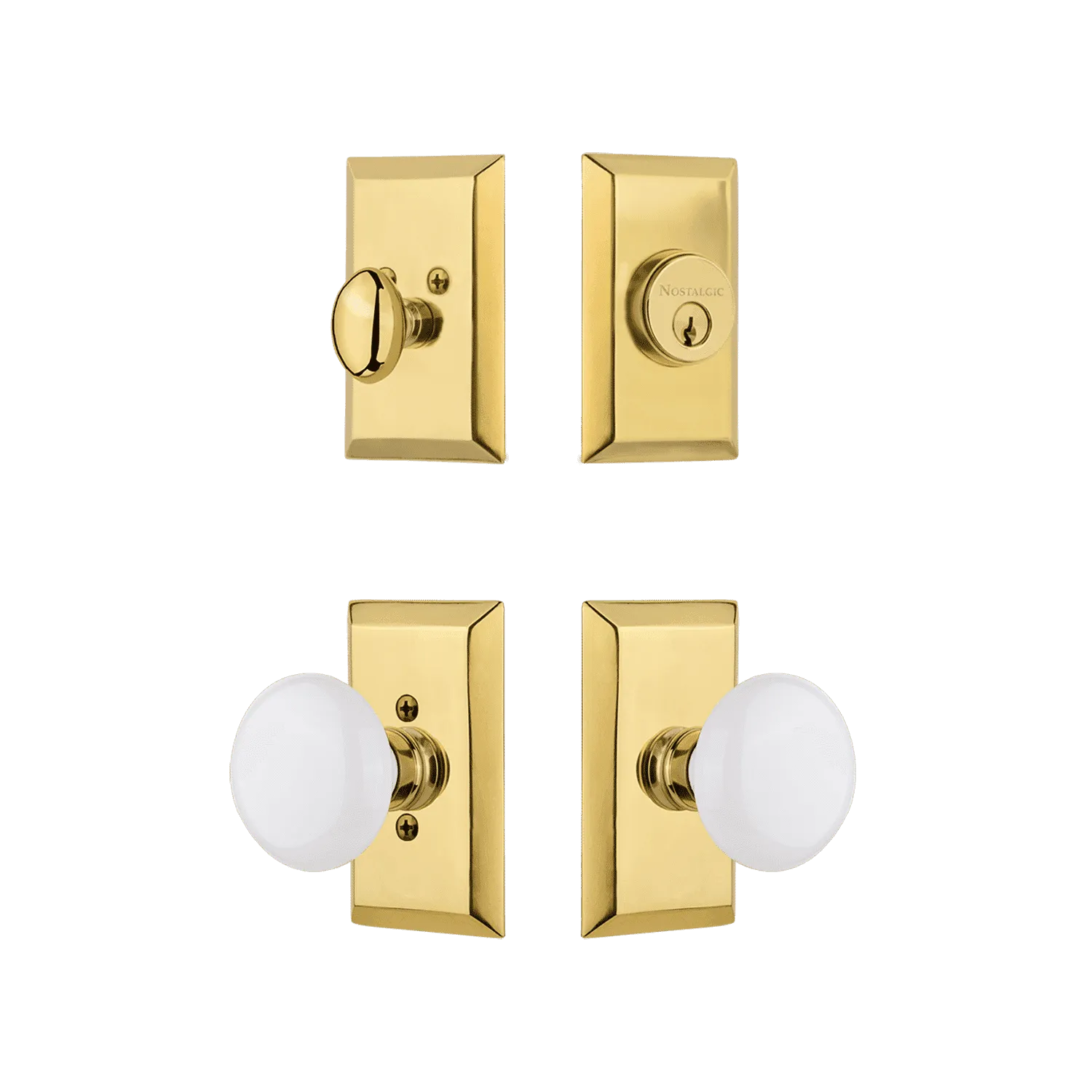 Studio Entry Set with White Porcelain Knob in Polished Brass
