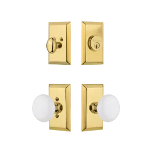 Studio Entry Set with White Porcelain Knob in Polished Brass