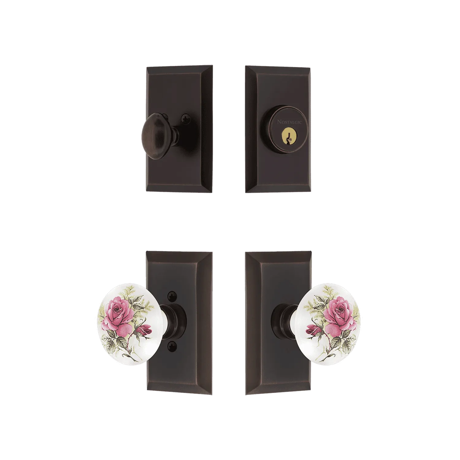 Studio Entry Set with White Rose Porcelain Knob in Timeless Bronze
