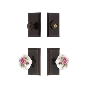 Studio Entry Set with White Rose Porcelain Knob in Timeless Bronze